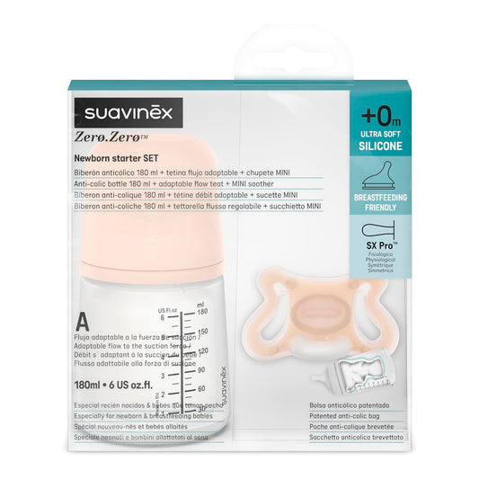Set recién nacido Zero Zero mamadera 180ml flujo adaptable + chupete mini -2 a 2m