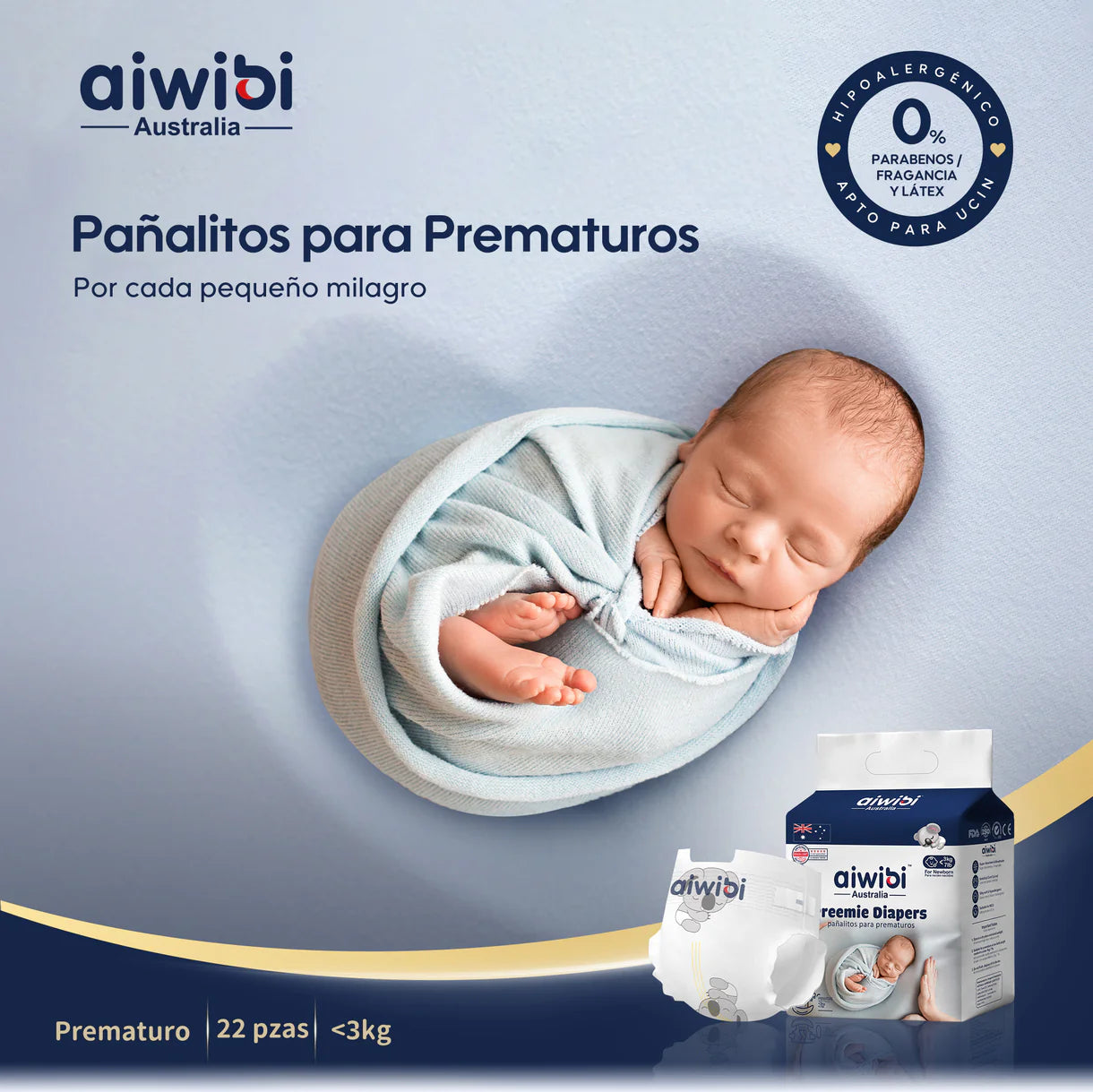 Pañales Aiwibi para bebé Premium Talla Prematuro hasta 3kg - 22und