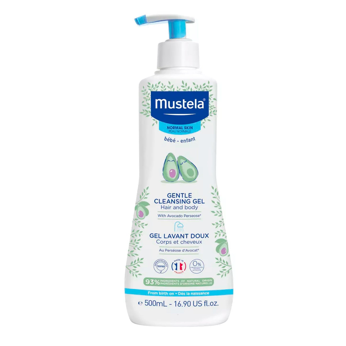 Gel de baño suave para cuerpo y cabello de bebés Mustela, botella de 500 ml, fórmula hipoalergénica y sin lágrimas, ideal para la limpieza diaria de piel y cabello sensibles.