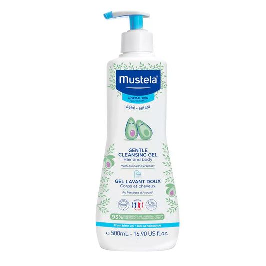 Gel de baño suave para cuerpo y cabello de bebés Mustela, botella de 500 ml, fórmula hipoalergénica y sin lágrimas, ideal para la limpieza diaria de piel y cabello sensibles.