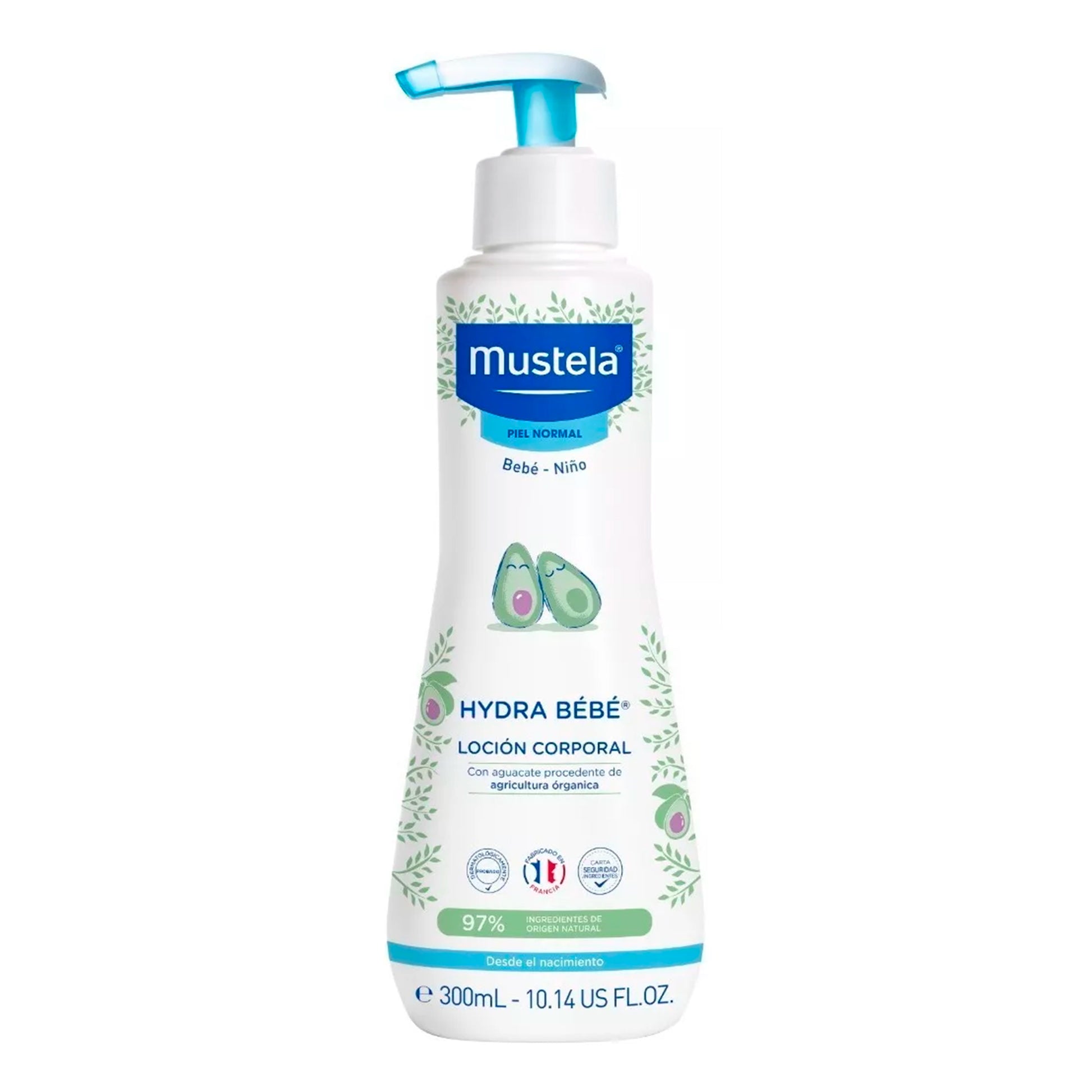 Leche corporal Hydra Bebé Mustela, frasco de 300 ml, fórmula hidratante y hipoalergénica, ideal para nutrir y proteger la piel delicada del bebé diariamente.