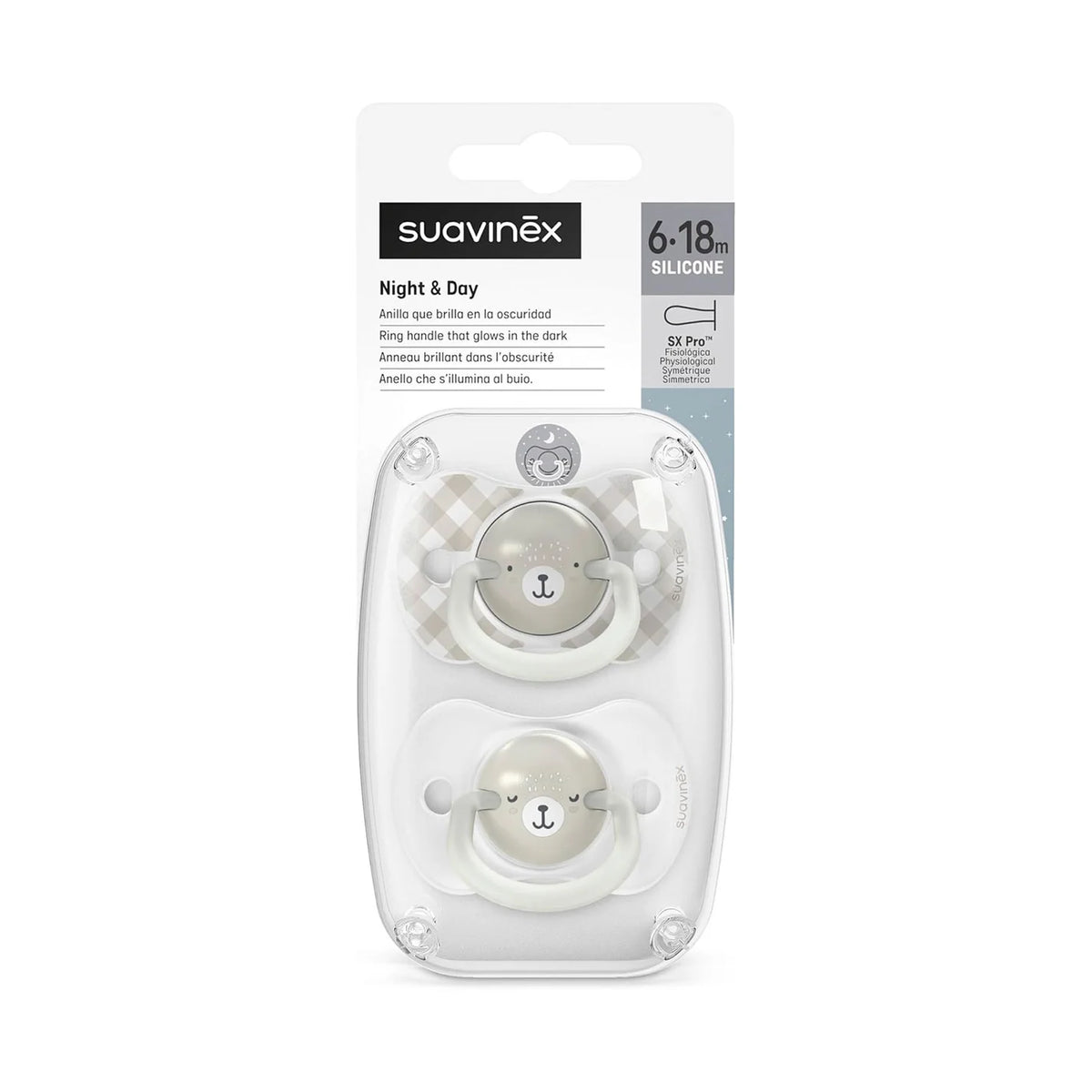 Pack 2 Chupetes nocturnos Night and Day 6-18m Suavinex Tetina Fisiológica SX Pro
