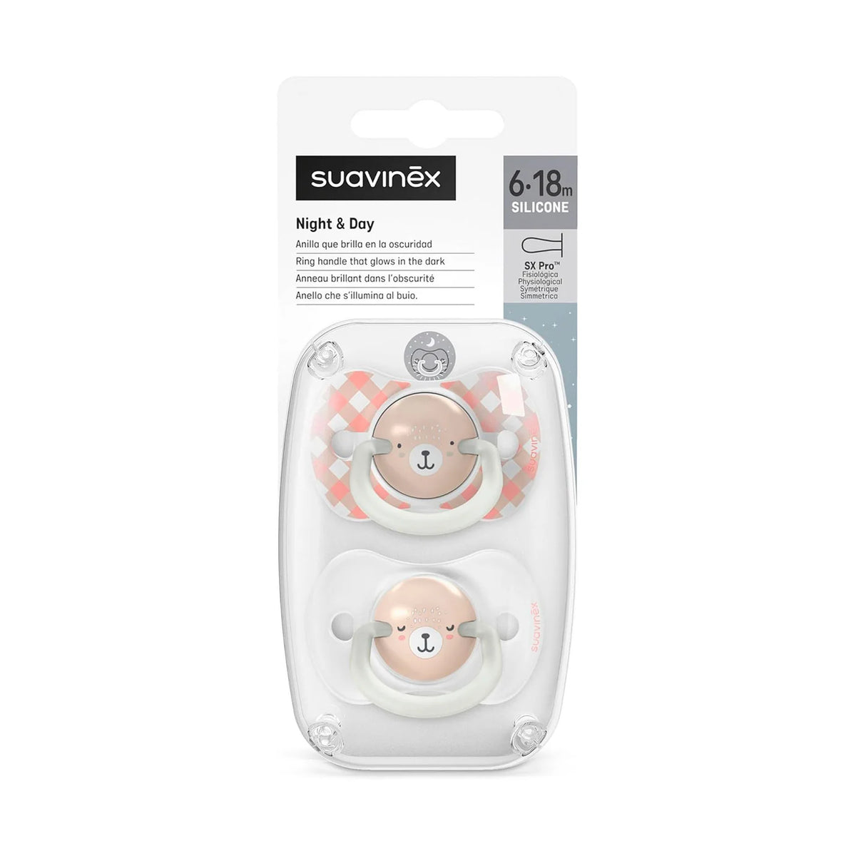 Pack 2 Chupetes nocturnos Night and Day 6-18m Suavinex Tetina Fisiológica SX Pro