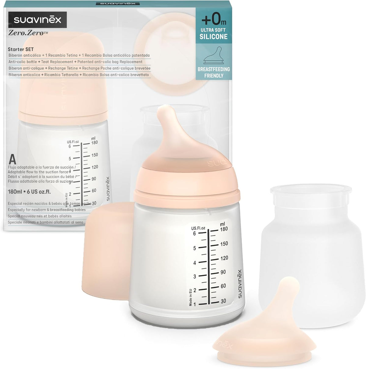 Set recién nacido mamadera zero zero 180ml flujo adaptable + repuestos