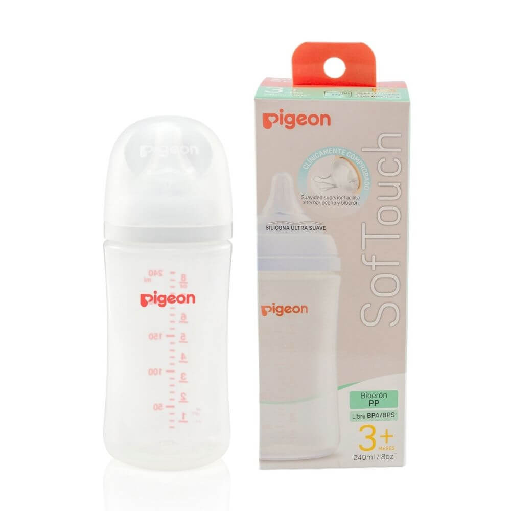 Mamadera PP Softouch Pigeon boca ancha plástico 240ml 3m+