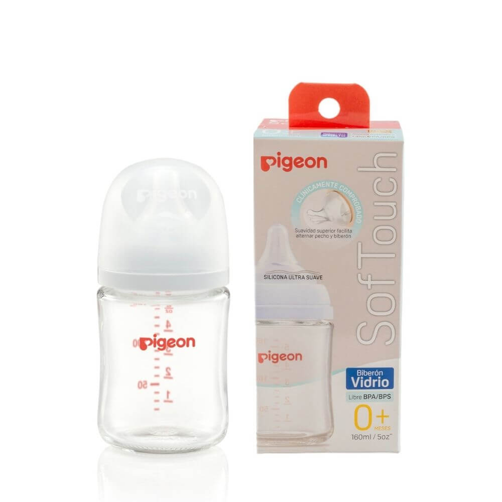 Mamadera Softouch 3rd Gen de boca ancha para bebés Pigeon, capacidad de 160 ml, hecha de vidrio resistente, diseño ergonómico y seguro, ideal para una alimentación cómoda y natural.