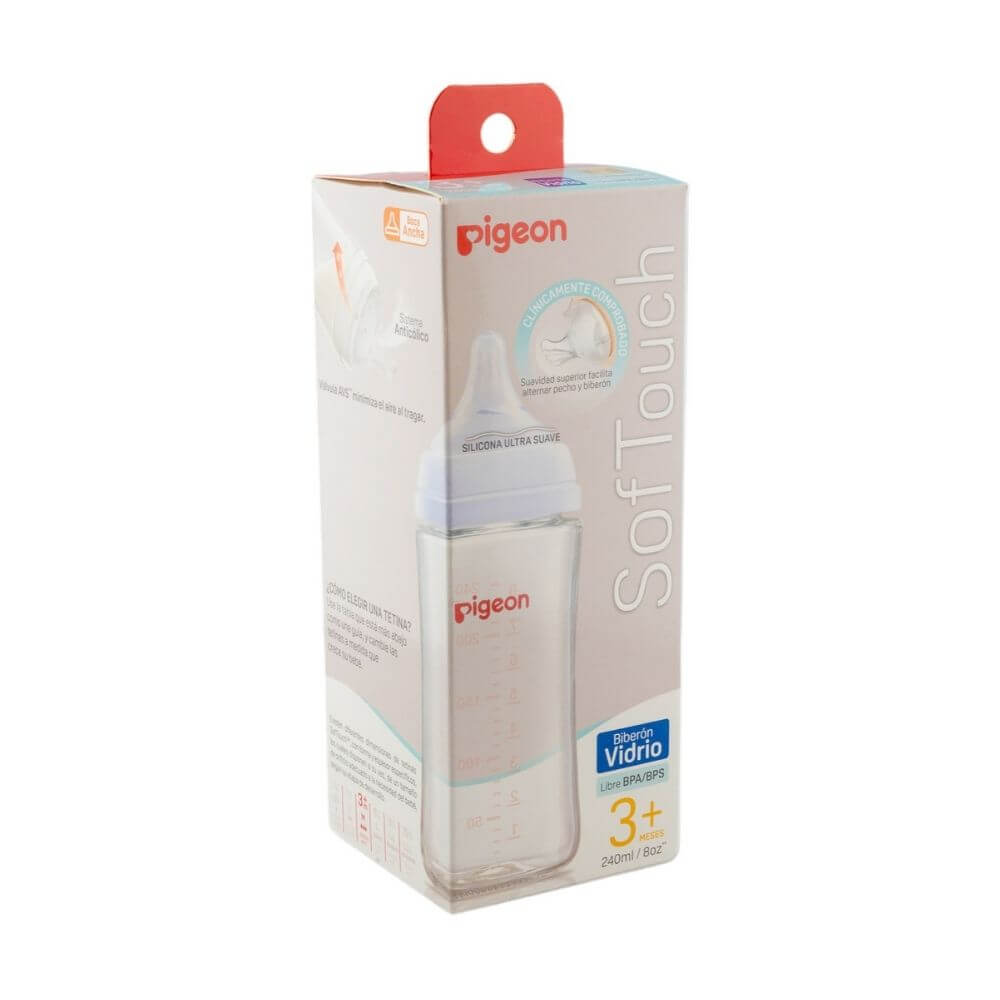 Mamadera vidrio Softouch Pigeon boca ancha 240ml 3m+