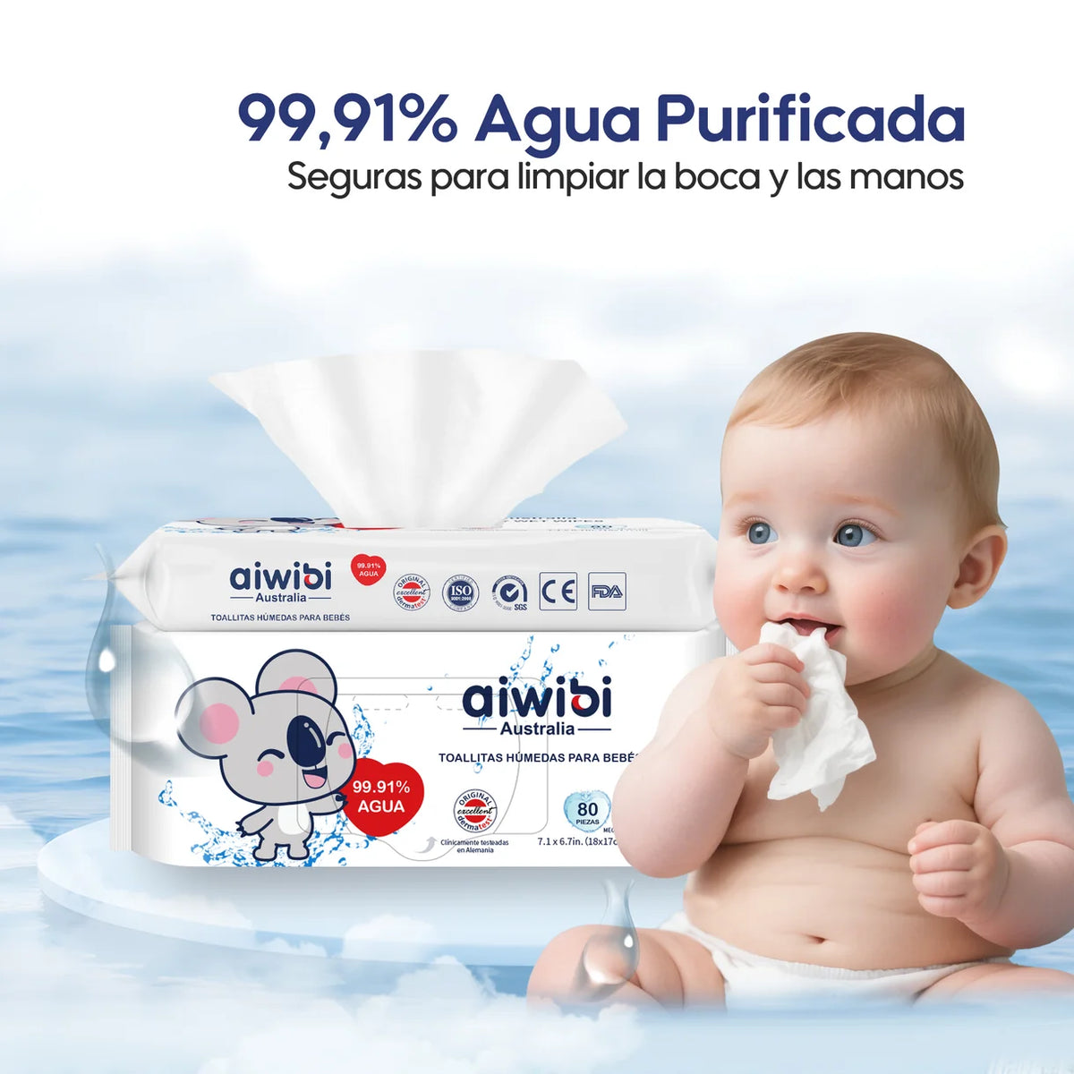 3 paquetes toallitas húmedas para bebés Aiwibi 99,91% de agua - 240und