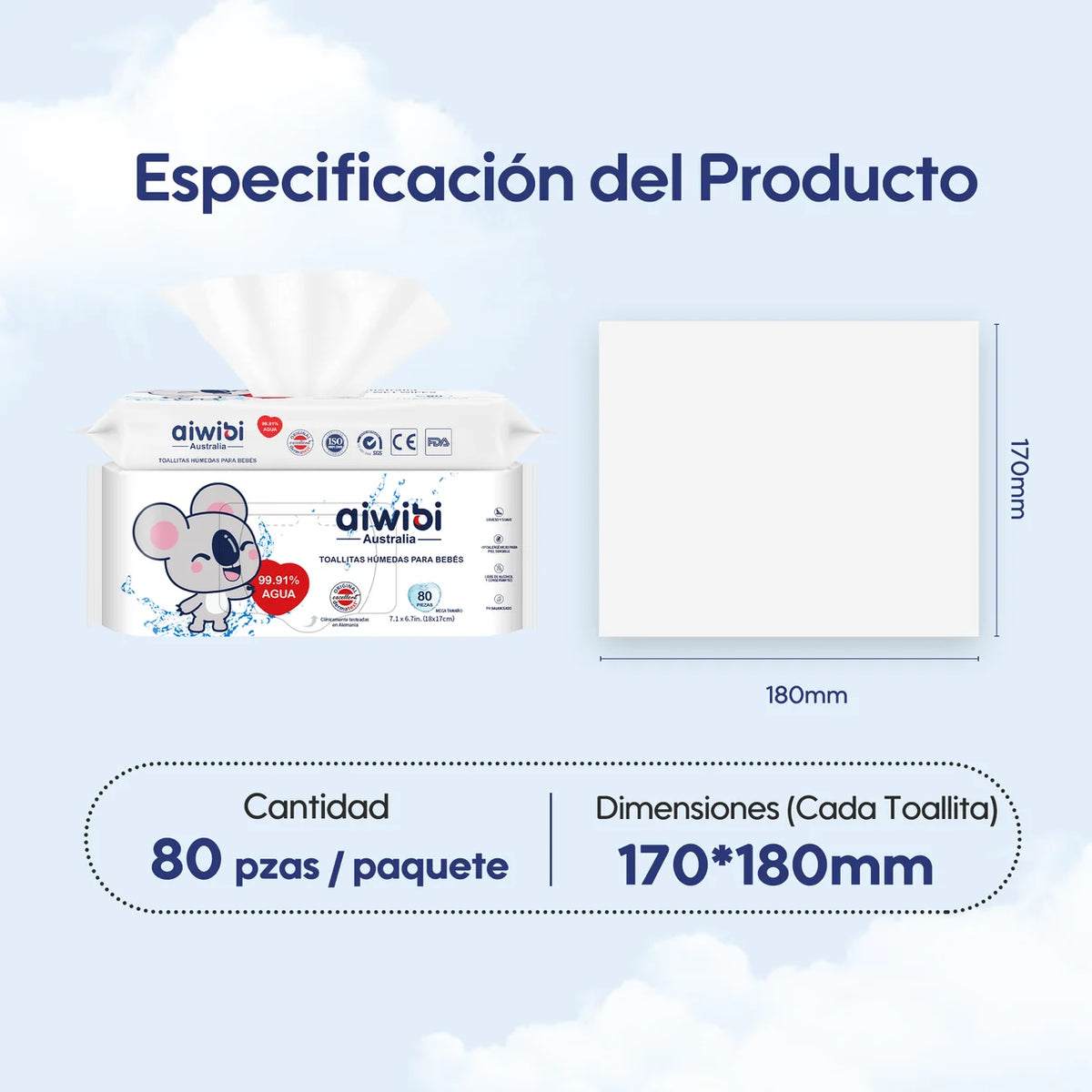 3 paquetes toallitas húmedas para bebés Aiwibi 99,91% de agua - 240und