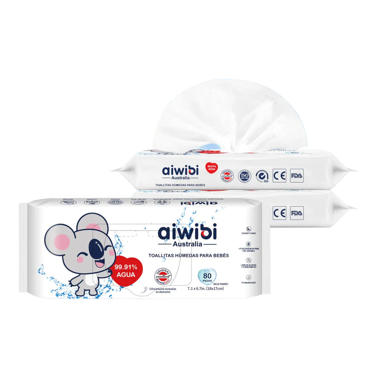 3 paquetes toallitas húmedas para bebés Aiwibi 99,91% de agua - 240und