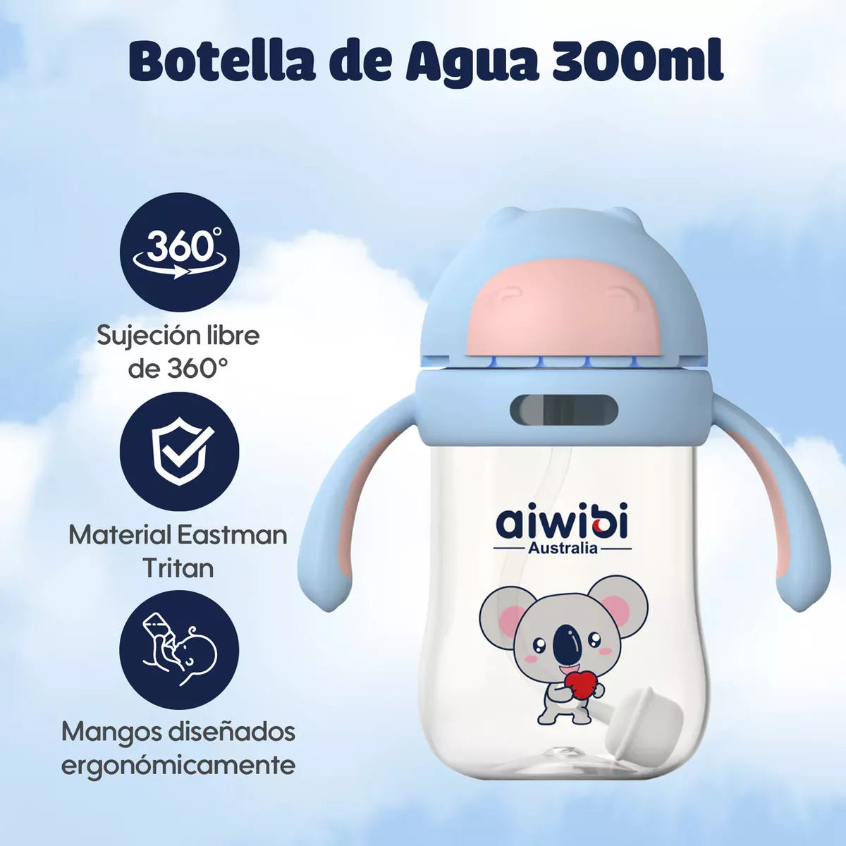 Vaso botella de agua con Bombilla Celeste 300ml Aiwibi