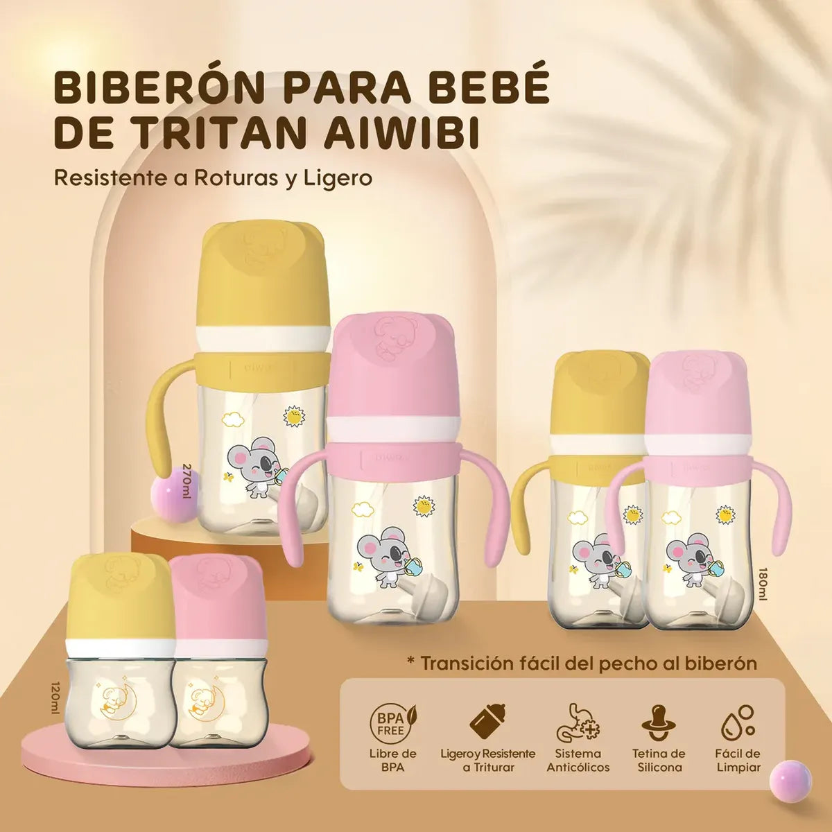 Mamadera y vaso Tritán con asas 2 en 1 Aiwibi Amarillo 270ml 6m+