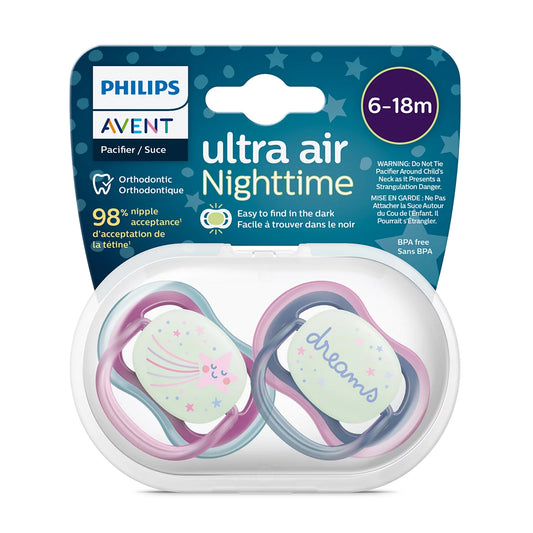 Chupetes nocturnos Avent Ultra Air Nighttime 6-18m 2unds Rosado y verde