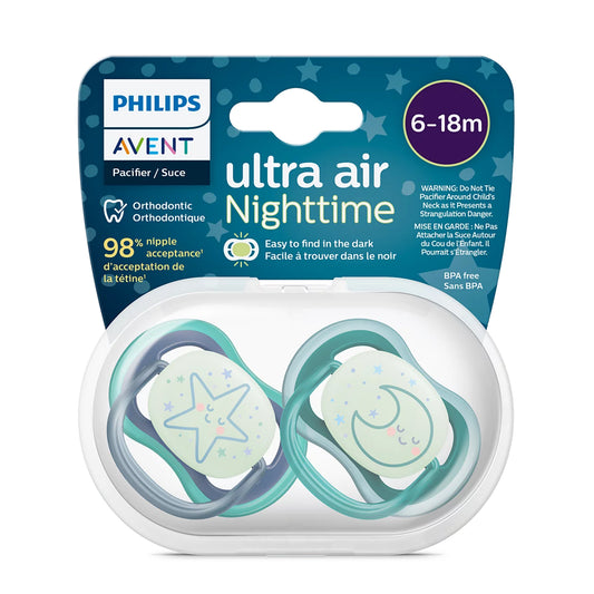 Chupetes nocturnos Avent Ultra Air Nighttime 6-18m 2unds Azul y verde