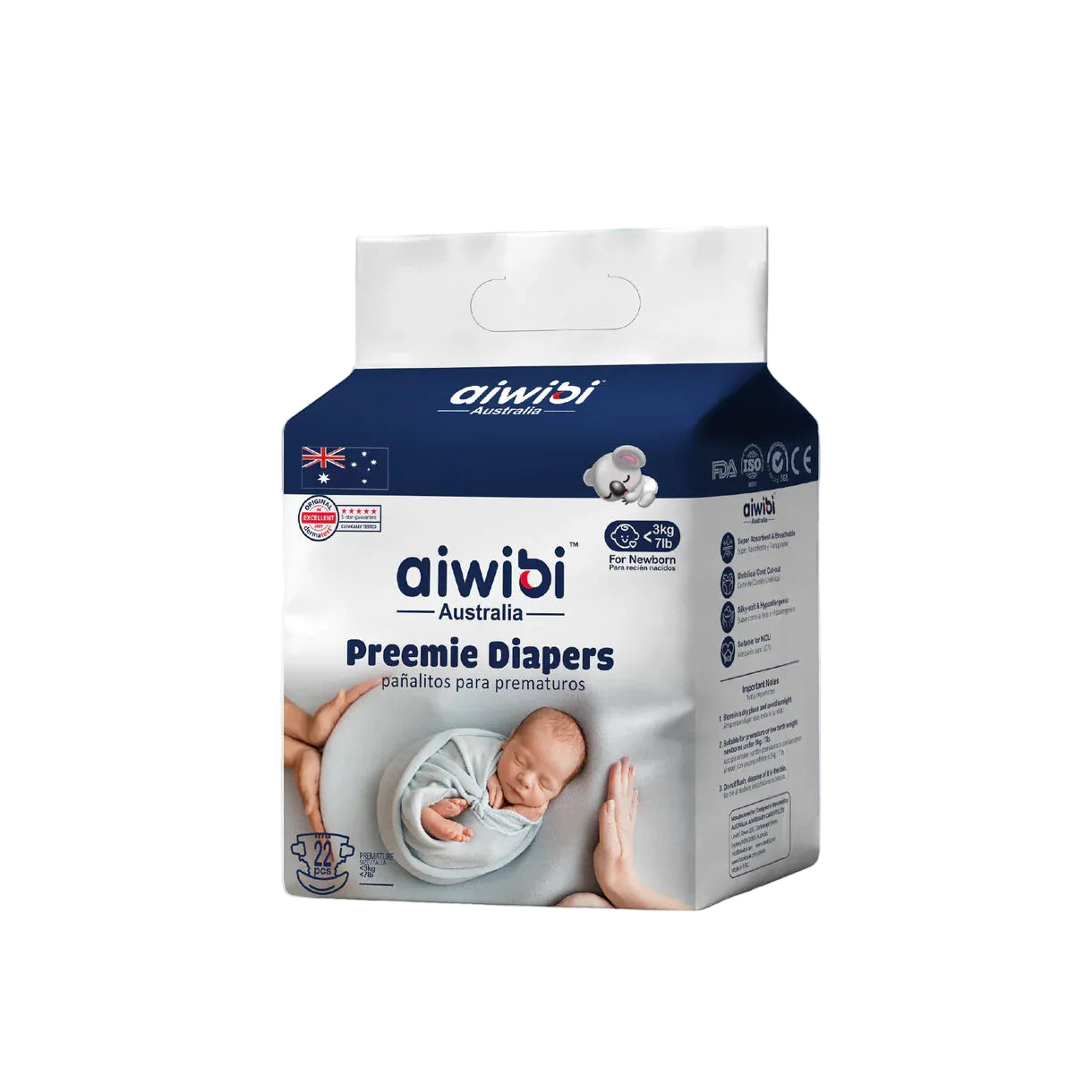 Pañales Aiwibi para bebé Premium Talla Prematuro hasta 3kg - 22und
