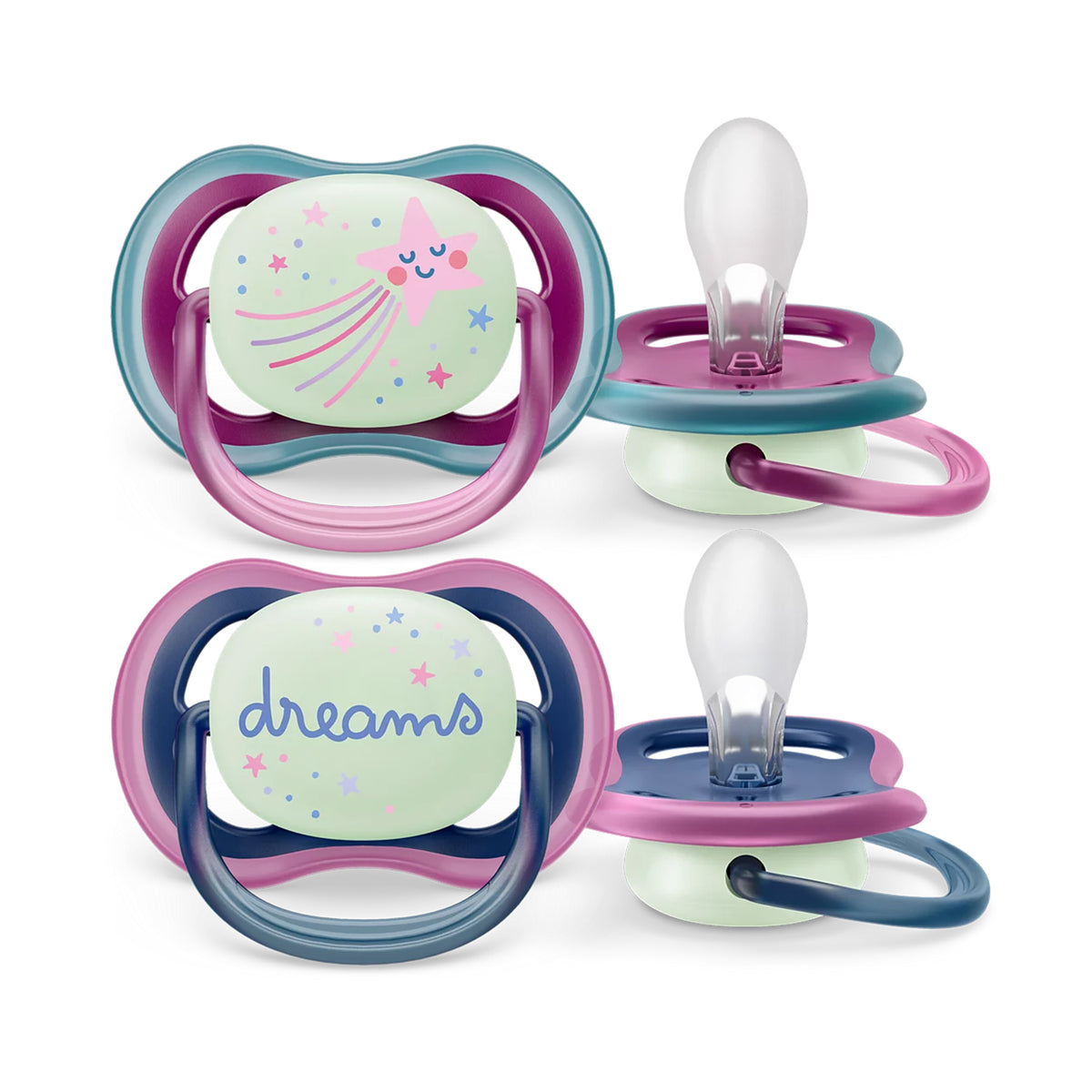 Chupetes nocturnos Avent Ultra Air Nighttime 6-18m 2unds Rosado y verde