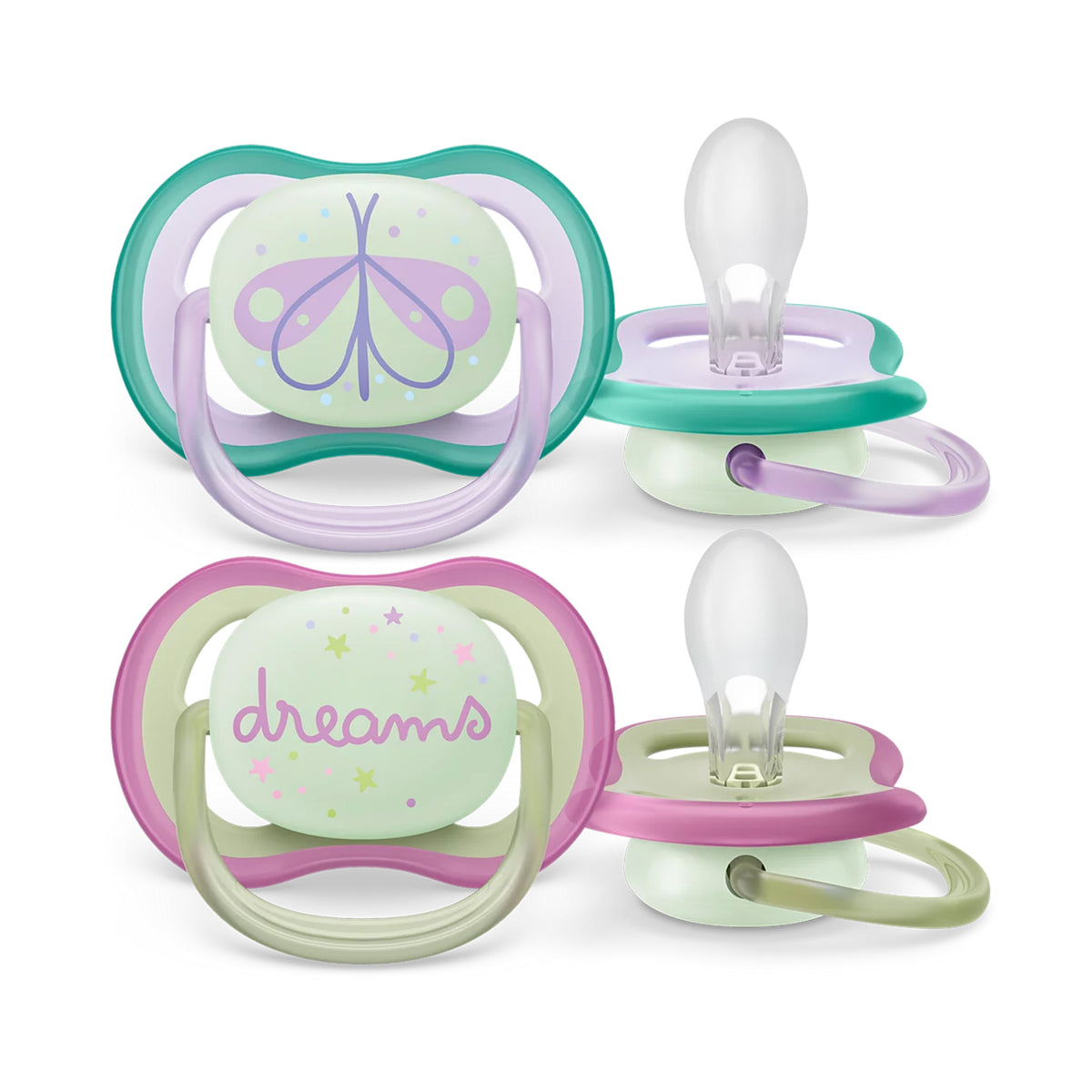 Chupetes nocturnos Avent Ultra Air Nighttime 0-6m 2unds Rosado y verde