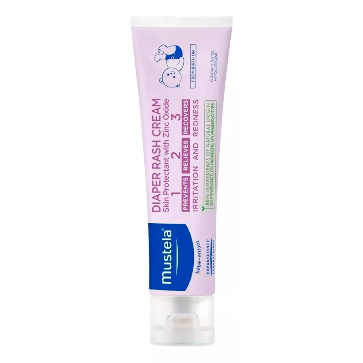 Crema bálsamo para rozaduras y cambio de pañal Mustela, frasco de 100 ml, fórmula hipoalergénica y calmante, ideal para proteger y aliviar la piel del bebé en cada cambio de pañal.