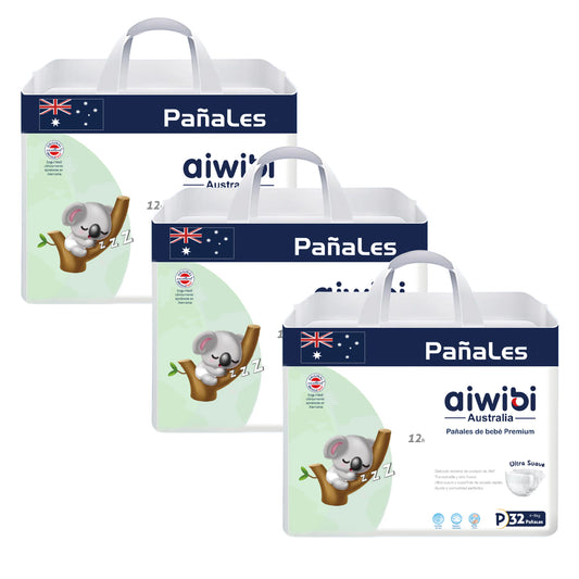 Pack 3 paquetes pañales Aiwibi bebé Premium Talla P - 96und