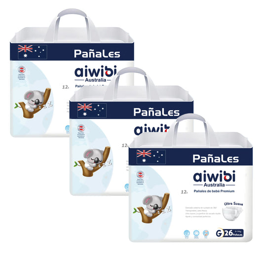 Pack 3 paquetes pañales Aiwibi bebé Premium Talla G - 78und
