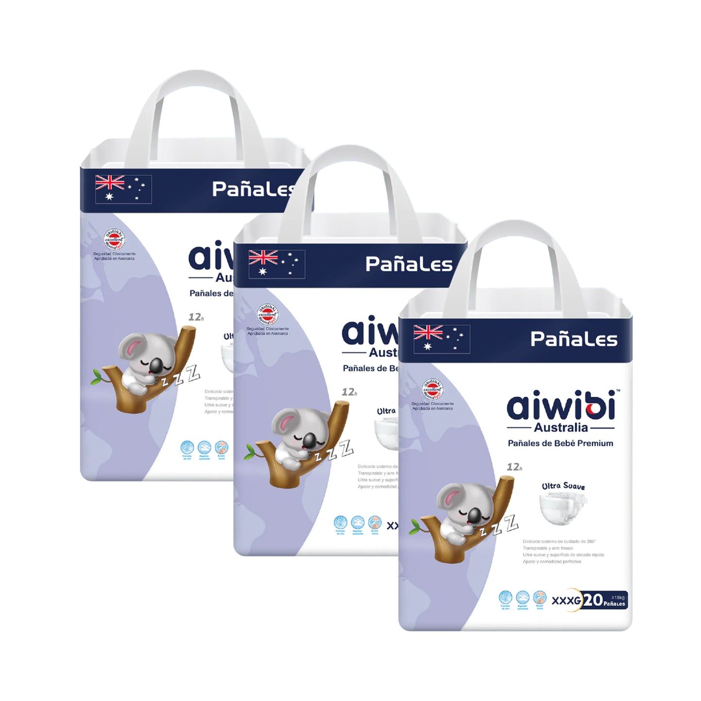 Pack 3 paquetes pañales Aiwibi bebé Premium Talla XXXG - 60und